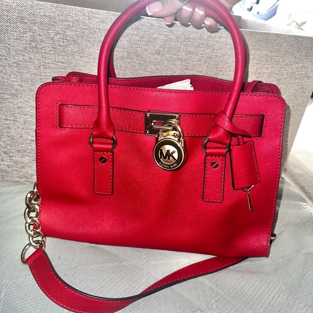 Red leather shoulder bag top handle satchel bag Michael Kors Hamilton purse - Picture 13 of 13